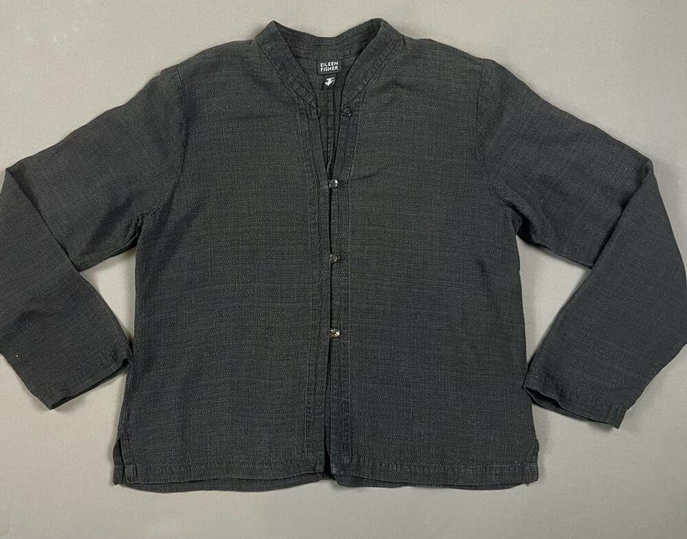 Eileen Fisher Jacket Size M Black Viscose Linen Textured Button Up